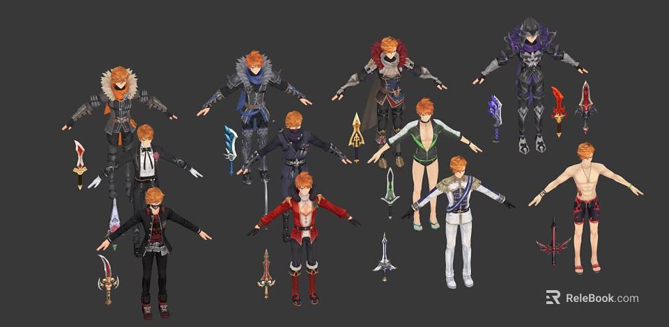 Multiple Game and Movie Characters With Orange Hair Different Outfits and Weapons 3d model 