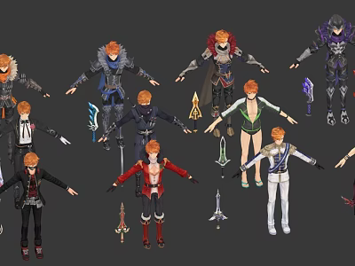 Multiple Game and Movie Characters With Orange Hair Different Outfits and Weapons 3d model