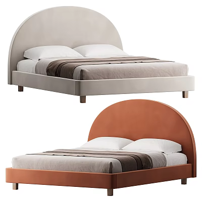 Double Bed with Curved Headboard Upholstered Design in Light Grey and Orange Modern Style 3d model