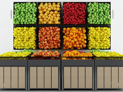 Display Shelves with Various Colorful Fruits Neatly Arranged in Multiple Layers 3d model