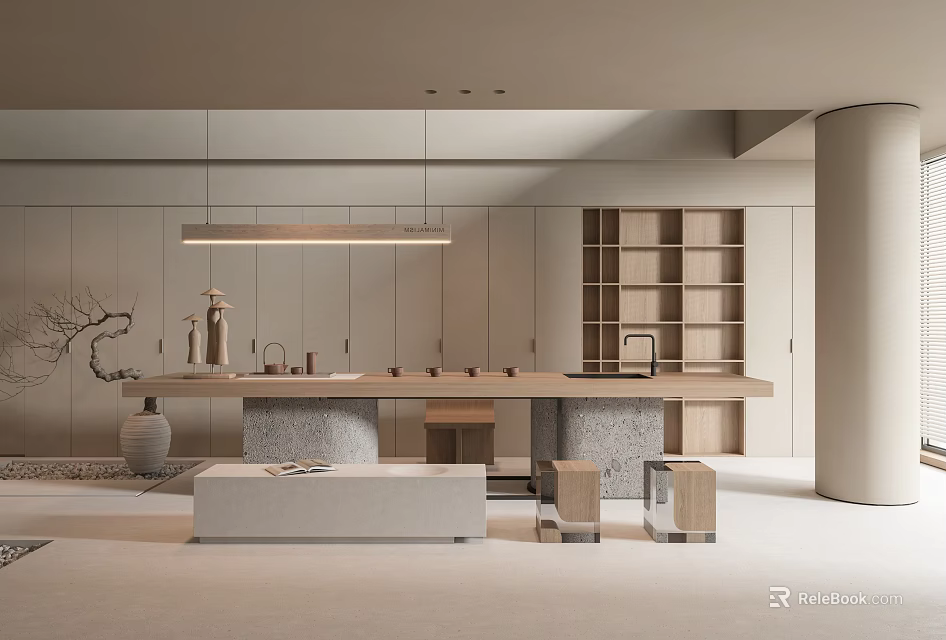 Modern Tea Room Interior With Long Table Hanging Light Wooden Bookshelf And Decorative Ornaments 3d model 