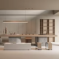 Modern Tea Room Interior With Long Table Hanging Light Wooden Bookshelf And Decorative Ornaments