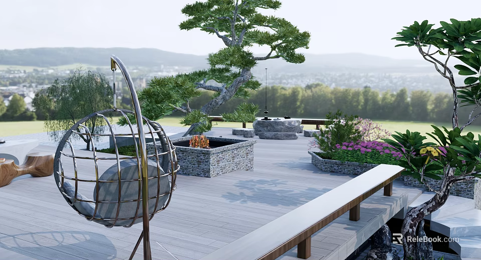 Garden Landscape Featuring Wooden Deck Stone Fire Pit Sculpted Pine Tree And Metal Art Installation 3d model 