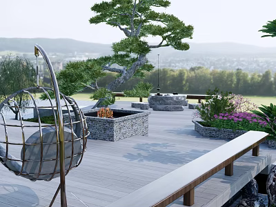 Garden Landscape Featuring Wooden Deck Stone Fire Pit Sculpted Pine Tree And Metal Art Installation 3d model