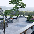 Garden Landscape Featuring Wooden Deck Stone Fire Pit Sculpted Pine Tree And Metal Art Installation