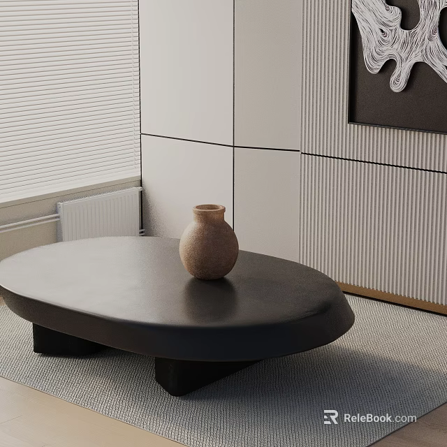 Contemporary Sofa Coffee Table Set With Black Oval Table Ceramic Vase And Striped Wall 3d model