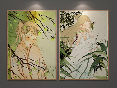 Elegant Female Figure Paintings with Branches Green Leaves Bamboo and Flute 3d model
