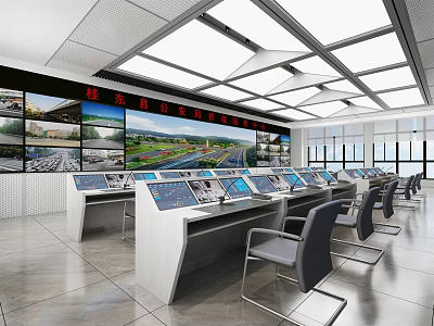 Modern Control Room Interior With Multiple Monitoring Screens Control Desks And Workstation Chairs 3d model