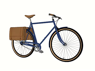 Blue Bicycle With Brown Rear Basket Black Rims Gold Edges Brown Seat 3d model