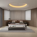 Modern Bedroom Interior Design With Wooden Walls Circular Ceiling Light And Large Windows