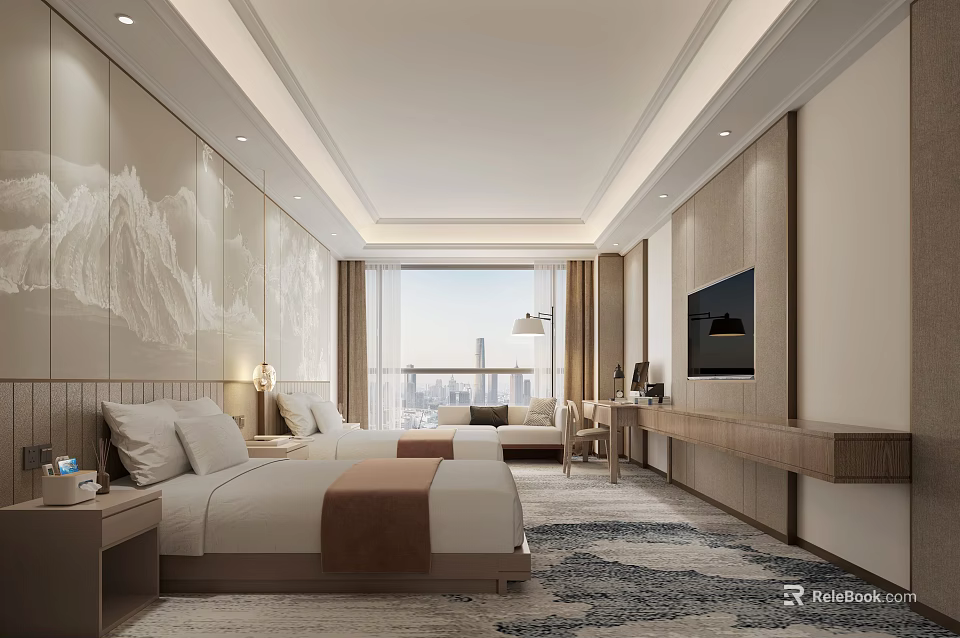 Hotel Room Interior With Comfortable Beds City View Window Flat Screen TV And Decorative Wall 3d model 