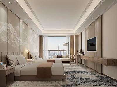 Hotel Room Interior With Comfortable Beds City View Window Flat Screen TV And Decorative Wall 3d model