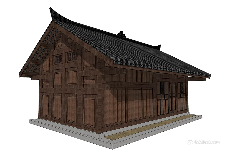 Ancient Chinese Architecture with Wooden Structure Black Tiled Roof and Overhanging Eaves 3d model 