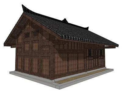 Ancient Chinese Architecture with Wooden Structure Black Tiled Roof and Overhanging Eaves 3d model