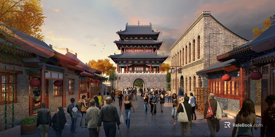 Ancient Chinese Architecture With Traditional Tower Historic Street And Pedestrians At Sunset 3d model 