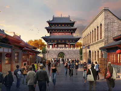 Ancient Chinese Architecture With Traditional Tower Historic Street And Pedestrians At Sunset 3d model