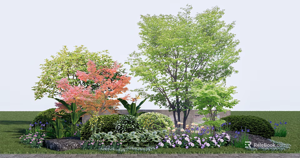 Flower Beds and Flower Pots with Colorful Garden Flowers and Lush Green Plants 3d model 