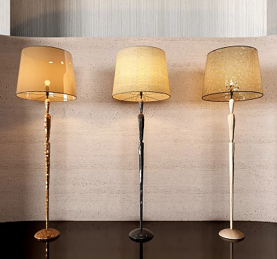 Three Modern Floor Lamps With Textured Beige Shades And Metal Wooden Poles For Home Decor 3d model