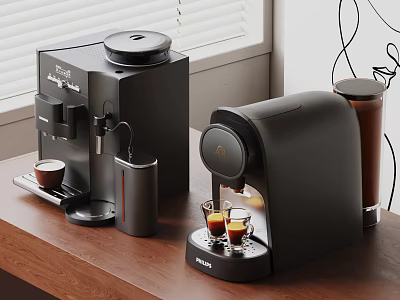 Black Coffee Machines On Wooden Countertop With Coffee Cups Near Window Blinds 3d model