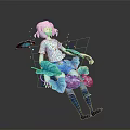 Pink Haired Woman In White Top Blue Pants With Blue Leaves Pink Flowers Water Droplets