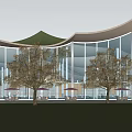 Modern Architectural Design With Curved Roof Glass Curtain Walls And Tall Buildings Background Trees