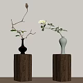 Silver And White Vases With White And Red Flowers And Branches On Wooden Pedestals