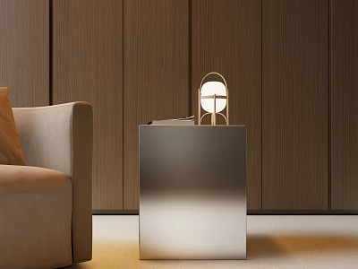 Modern Metallic Gradient Side Table With Lit Lamp And Stack Of Books Next To Sofa 3d model