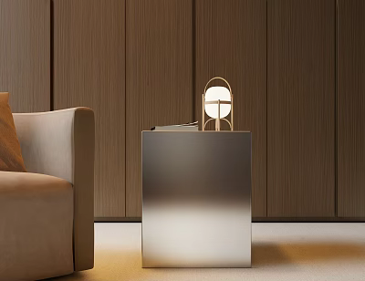 Modern Metallic Gradient Side Table With Lit Lamp And Stack Of Books Next To Sofa 3d model