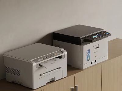 Two Modern Office Printers On Wooden Cabinet With White And Black Design 3d model