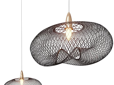 Modern Black Woven Pendant Light With Net Like Structure And Wooden Base Design 3d model