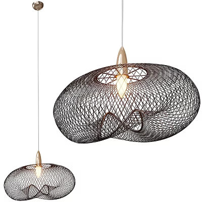 Modern Black Woven Pendant Light With Net Like Structure And Wooden Base Design 3d model