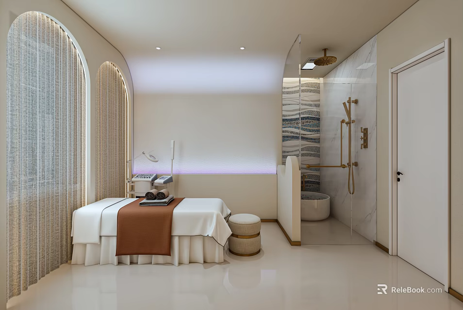 Modern SPA Sauna Interior Design With Massage Bed Shower Area And Soft Lighting 3d model 