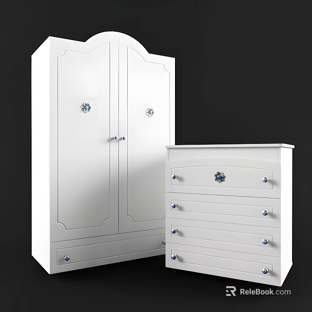 White Double Door Wardrobe Interior With Decorative Metal Knobs And Matching Chest Of Drawers 3d model 