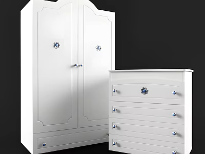 White Double Door Wardrobe Interior With Decorative Metal Knobs And Matching Chest Of Drawers 3d model