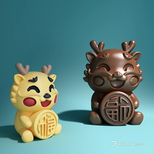 Cute Cartoon Sculpture Carvings In Yellow And Brown With Fu Character Artistic Design 3d model 