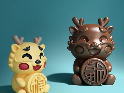 Cute Cartoon Sculpture Carvings In Yellow And Brown With Fu Character Artistic Design 3d model