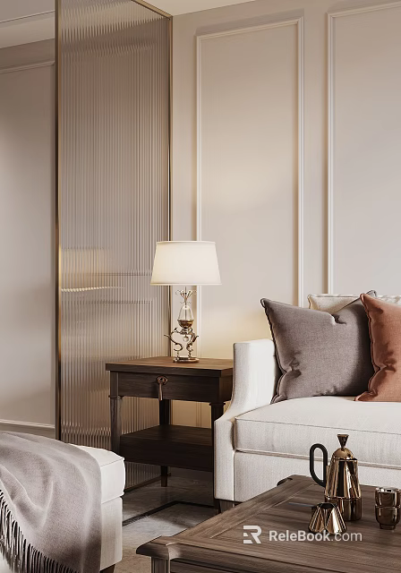 Elegant Modern Sofa and Side Table Combination with Gray Brown Pillows and Table Lamp 3d model 