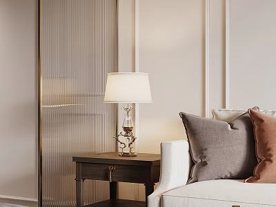 Elegant Modern Sofa and Side Table Combination with Gray Brown Pillows and Table Lamp 3d model