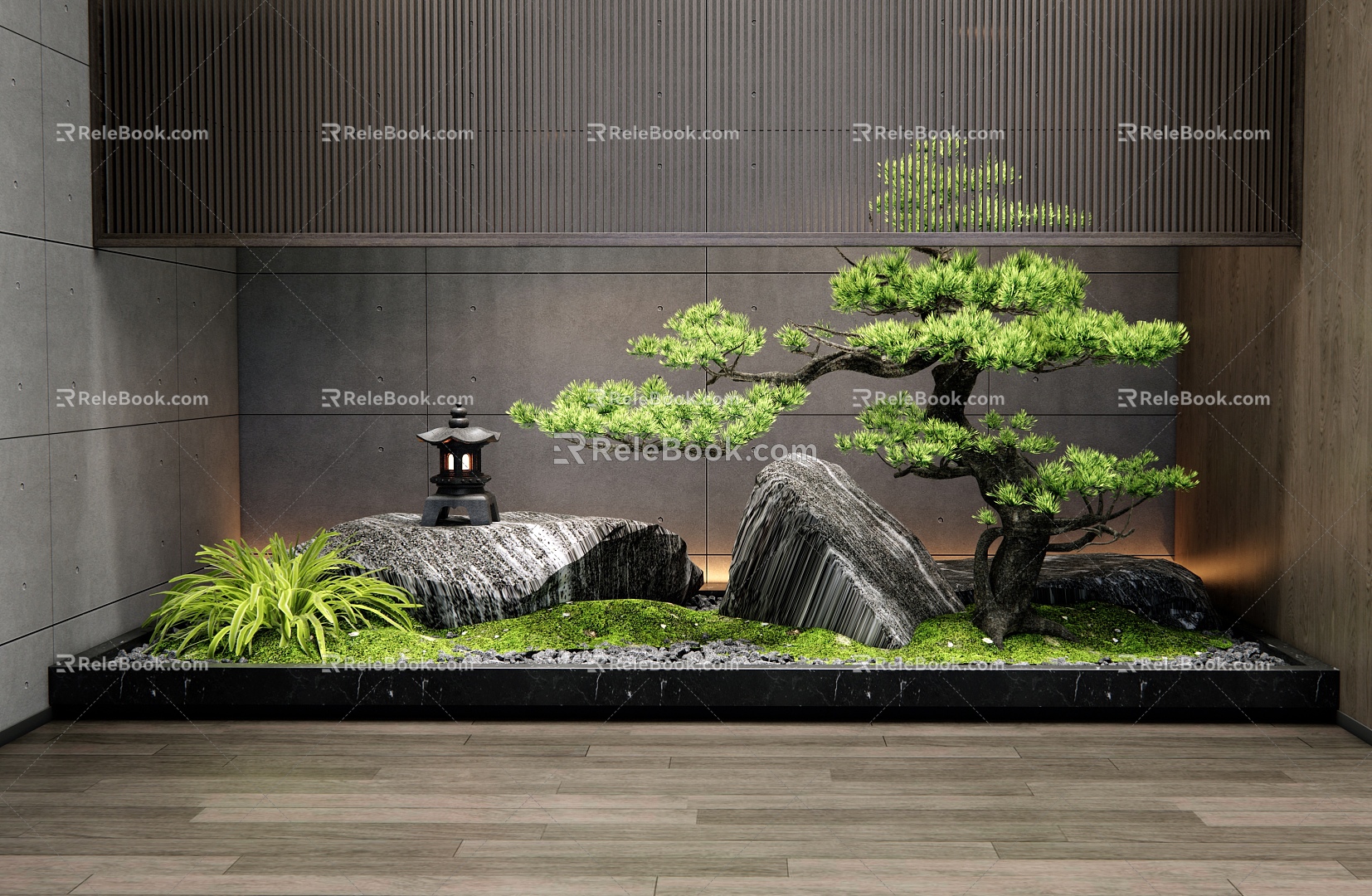 New Chinese style interior landscape landscape landscape stone patio interior landscape welcome pine courtyard sketch plant landscape moss 3d model