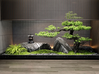 New Chinese style interior landscape stone patio interior landscape welcome pine courtyard sketch plant landscape moss 3d model