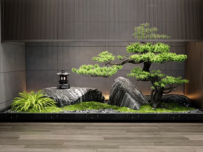 Zen Indoor Landscape With Bonsai Pine Tree Decorative Rocks Stone Lantern And Green Moss 3d model