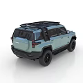 Light Blue Off-Road SUV With Roof Rack Black Wheels And Front Design