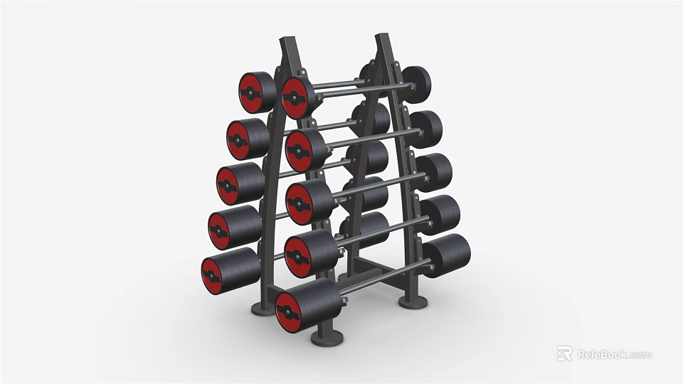 Sports Equipment Multi Tier Dumbbell Rack With Red Weight Plates And Black Frame 3d model 