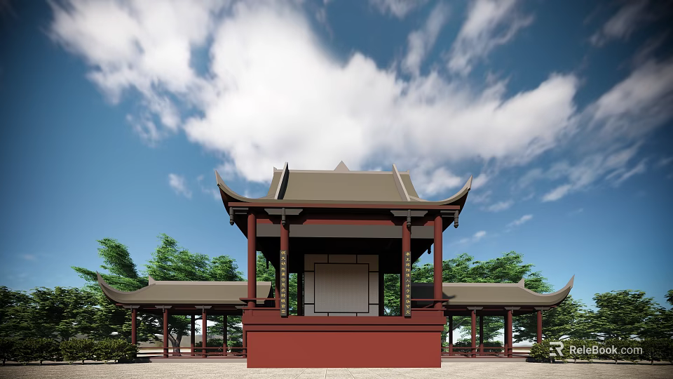 Traditional Chinese Pavilion With Curved Eaves Red Base Gray Roof And Trees Under Blue Sky 3d model 