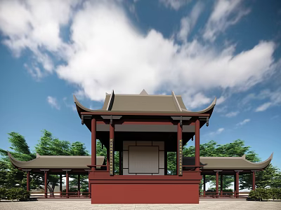 Traditional Chinese Pavilion With Curved Eaves Red Base Gray Roof And Trees Under Blue Sky 3d model