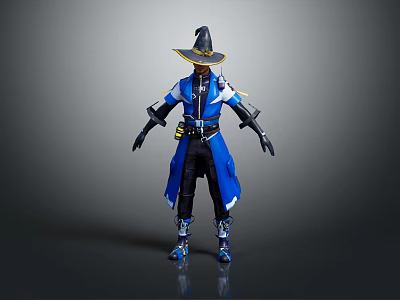 Wizard Character In Blue Robe With Pointed Hat And Owl Companion Holding Magic Staff 3d model