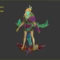 Red Haired Female Character in Feathered Attire with Symbiotic Green Blue Spiked Creature