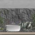 Modern Natural Bathroom Interior With Stone Wall Green Plants And White Bathtub