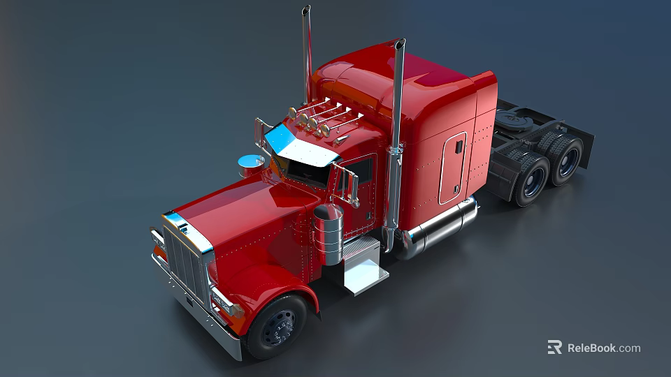 Red Modern Truck Cab With Tall Exhaust Pipes Chrome Accents And Black Tires 3d model 