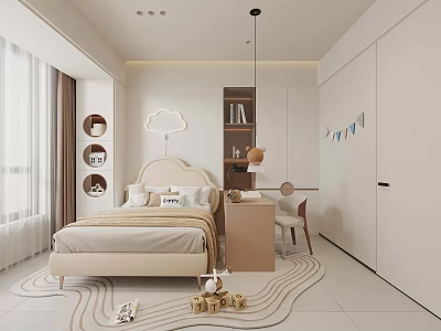 Cozy Kids Room Interior Design With Bed Desk Chair Cloud Decor Bunting Flags And Toys 3d model